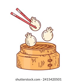 Illustration vector of Dimsum on the steamer chinese food illustration Colorful hand drawn retro Design style isolated white background