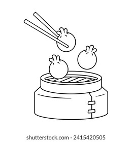Illustration vector of Dimsum on the steamer chinese food illustration Coloring Book Design style isolated white background