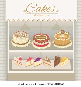 Illustration vector display the cake products on shelf.Decorate with bricks wall and awing.White background colors.
