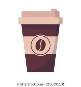 Ilustración de una taza de café vectorial desechable que se va. Papel o jarra de plástico con logo de judías de café.