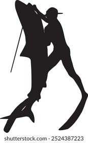 Ilustración: Vector de un buceador con una lanza conquistando un tiburón, adecuado para logotipos, tatuajes y pegatinas
