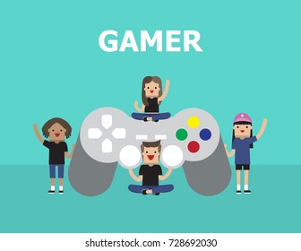 Illustration vector diverse group of students of teen man and woman with game controller as gamer concept