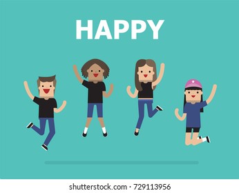 Illustration vector diverse group of students of happy teenagers both boys and girls are jumping on the floor