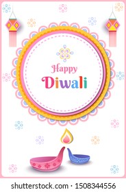 Illustration vector of Diwali with oil lamp and circle pattern on pastel color background.