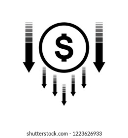 Illustration vector of dollar icon with arrow pointing down. Dollar currency decreasing, business and finance concept. Flat design.