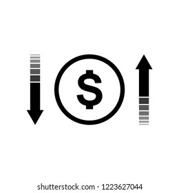 Illustration vector of dollar icon with arrow pointing up and down. Dollar currency increasing or decreasing, business and finance concept. Flat design.