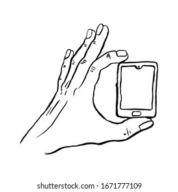 Illustration vector doodle hand drawn sketch of human hand using and holding small smartphone. Concept of small gadget. Tiny telephone