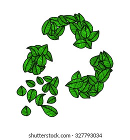 illustration vector doodle hand drawn green leaves recycle logo, ecology concept, creative design