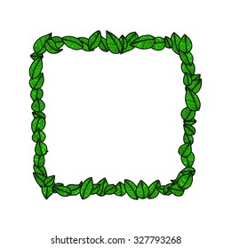 illustration vector doodle hand drawn green leaves square frame, ecology concept, creative design