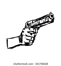 Illustration Vector Doodle Hand Drawn Of Hand Holding Gun.