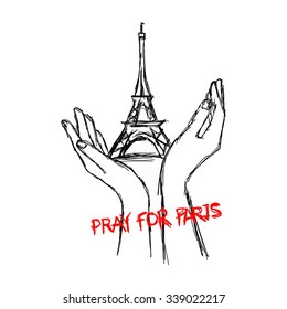 illustration vector doodle hand drawn of sketch hands with Eiffel tower, pray for Paris.