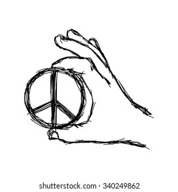 illustration vector doodle hand drawn of sketch right hand holding big peace sign coin 