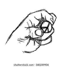 illustration vector doodle hand drawn of sketch left hand holding peace sign coin