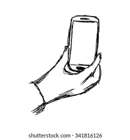 illustration vector doodle hand drawn sketch of human hand using or holding smart mobile phone.