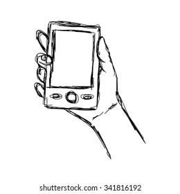 illustration vector doodle hand drawn sketch of human hand using or holding smart mobile phone