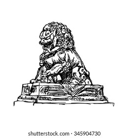 illustration vector doodle hand drawn of sketch big bronze lion in forbidden city, China, isolated on white