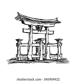 Illustration Vektor Doodle handgezeichnet von Skizze itsukushima Schrein Wahrzeichen in Japan, einzeln auf weiß