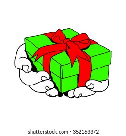 illustration vector doodle hand drawn of  hand of person giving or receiving green gift package with red ribbon, isolated on white background.