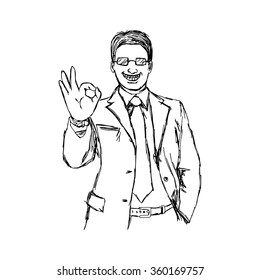 illustration vector doodle hand drawn of sketch smiling businessman with glasses showing okay hand sign isolated on white