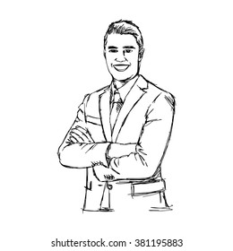 illustration vector doodle hand drawn of sketch smiling businessman with crossed arms. Body language. Nonverbal communication posture.