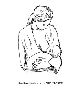 illustration vector doodle hand drawn of sketch baby feeds on MOM's breasts, Breastfeeding baby