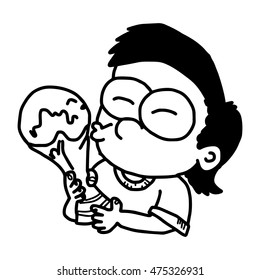 illustration vector doodle hand drawn of male winner kissing trophy isolated on white background