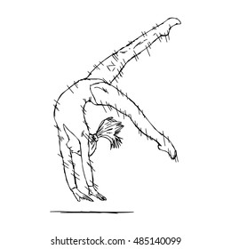 illustration vector doodle hand drawn of young fit gymnast woman performing art gymnastics element with speed lines