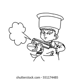 illustration vector doodle hand drawn of male waiter using retro mosquito pesticide spray 