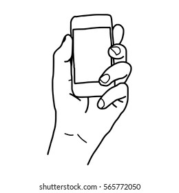 illustration vector doodle hand drawn sketch of human left hand using or holding smart mobile phone