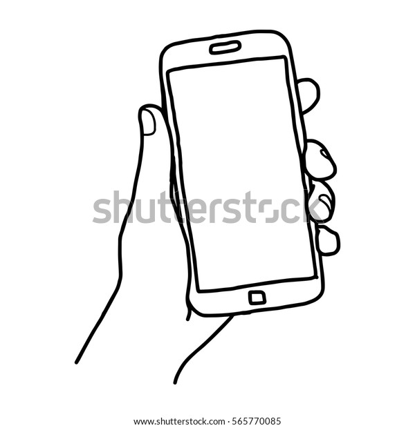 大きなスマートフォンを使用または持つ 人間の左手のイラストベクター手描きのスケッチ のベクター画像素材 ロイヤリティフリー