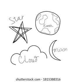 illustration vector doodle icon template star, moon, earth, and cloud. eps 10