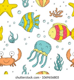Illustration Vector doodle set seamless pattern of elements of marine life. Underwater World collection.
