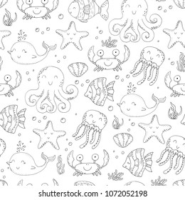 Illustration Vector doodle set seamless pattern of elements of marine life. Underwater World collection