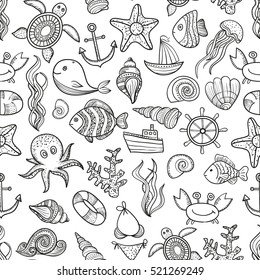 Illustration Vector doodle set seamless pattern of elements of marine life. Underwater World collection. Icons and symbols hand-drawing sketch textiles color