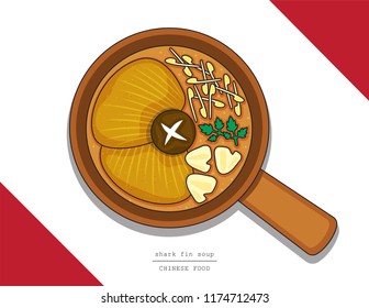 Illustration vector doodle style top view of Asian Chinese street food dished cuisine on table. Set of hot shark fin soup in pot