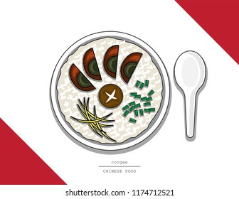 Illustration vector doodle style top view of Asian Chinese street food dished cuisine on table. Set of congee rice soup with century egg and mushroom with spoon