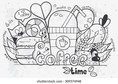 Illustration of vector doodles drawn by hand on the theme of time for coffee