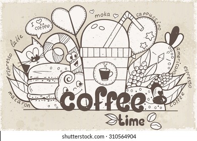 Illustration vector doodles with funny characters on the theme of the coffee in retro style