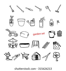 illustration vector doodles hand drawn objects in backyard garden.