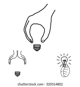 illustration vector doodles hand drawn hand making bulb form, idea concept, creative design.