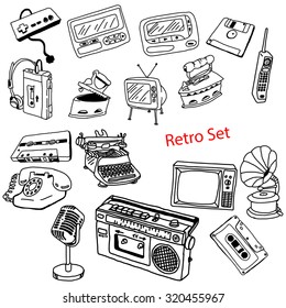 illustration vector doodles hand drawn set of retro-styled objects isolated