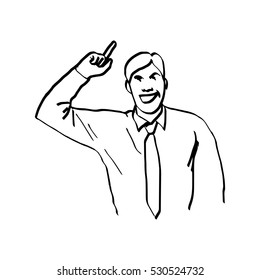 illustration vector doodles hand drawn smiling businessman with raised finger pointing up
