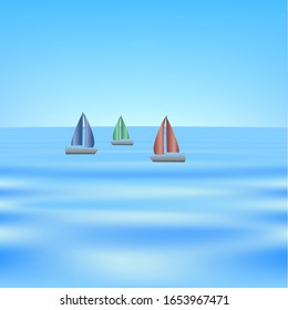 Illustration vector drawing 3D sea yachts with colorful sails bright blue water