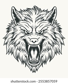 illustration vector drawing color outline wolf head engraving angry face animal