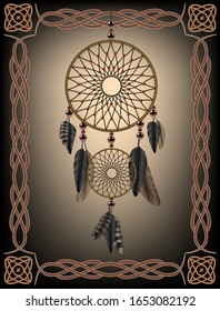 Illustration vector drawing realistic ethnic decoration dream catcher in dark colors