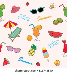 Illustration vector drawing of summer fruits,dessert,smoothie  and beach accessory decorated to seamless pattern