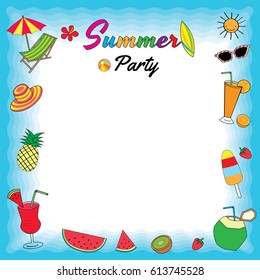 Illustration vector drawing of symbol summer fruits,dessert,smoothie  and beach accessory for template.