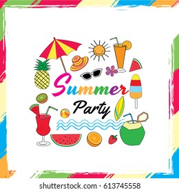 Illustration vector drawing of symbol summer fruits,dessert,smoothie  and beach accessory.