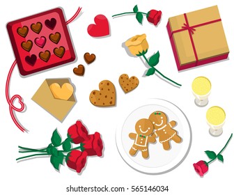 Illustration vector drink, food and decorations on table isolated on Happy Valentine's Day theme on white background.