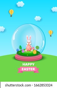 Illustration vector of Easter festival design with rabbit and painted eggs decorated inside glass ball on grass floor on blue sky background.